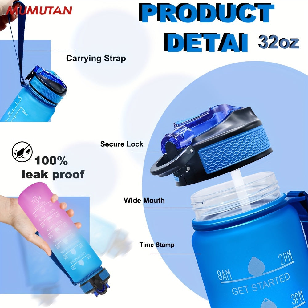 1pc 950ml/32Oz Gradient Color Water Bottles With Times Scale And Straw, Leakproof Drinking Sports Water Bottle For Fitness, Gym & Outdoor